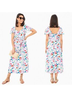 Tanya Taylor Flamingo Print Midi Dress Sz 8 Multicolor Flutter Sleeves (HH1142)